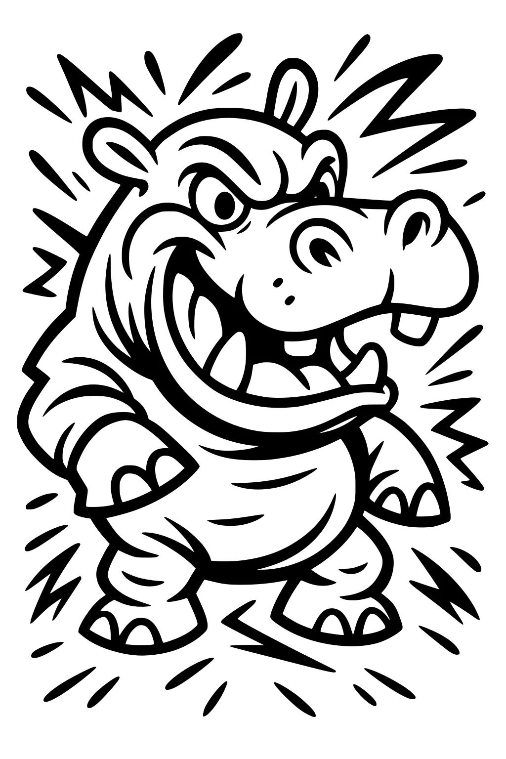 Cartoon hippopotamus standing upright with open mouth and big teeth, surrounded by jagged action lines.