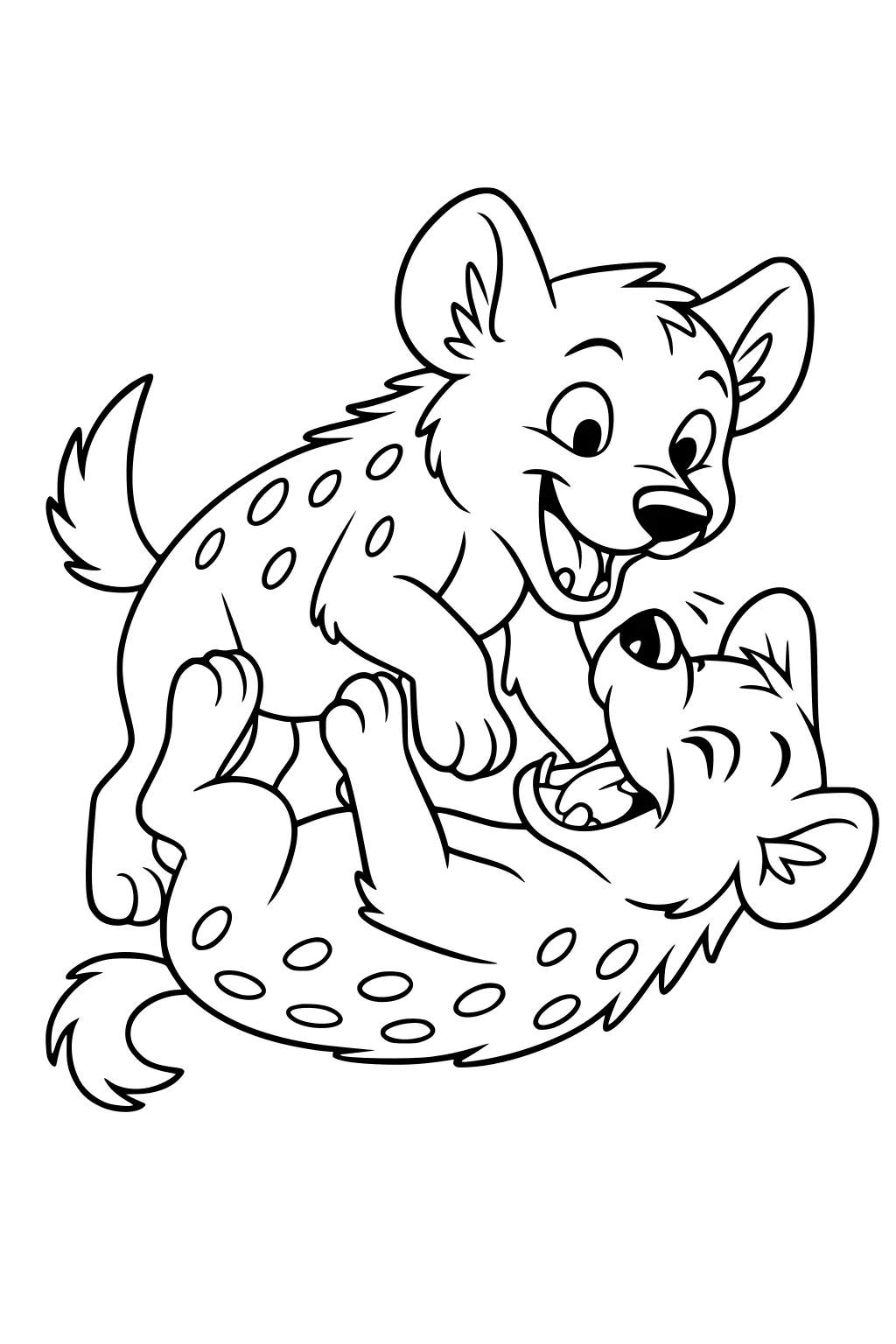 Two cartoon hyena pups laughing and rolling on the ground, facing each other with spotted fur and large ears.