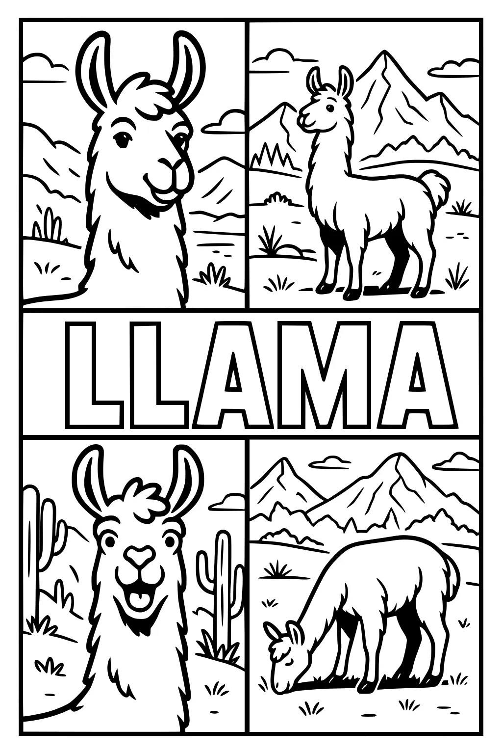 Four cartoon llamas on a mountain landscape with cacti and grass, plus large outlined letters spelling LLAMA in the center.