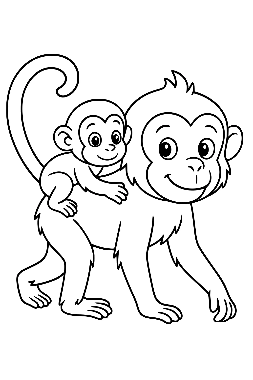 Mother monkey walking with baby monkey riding on her back, both smiling, with curled tails and simple outlines.