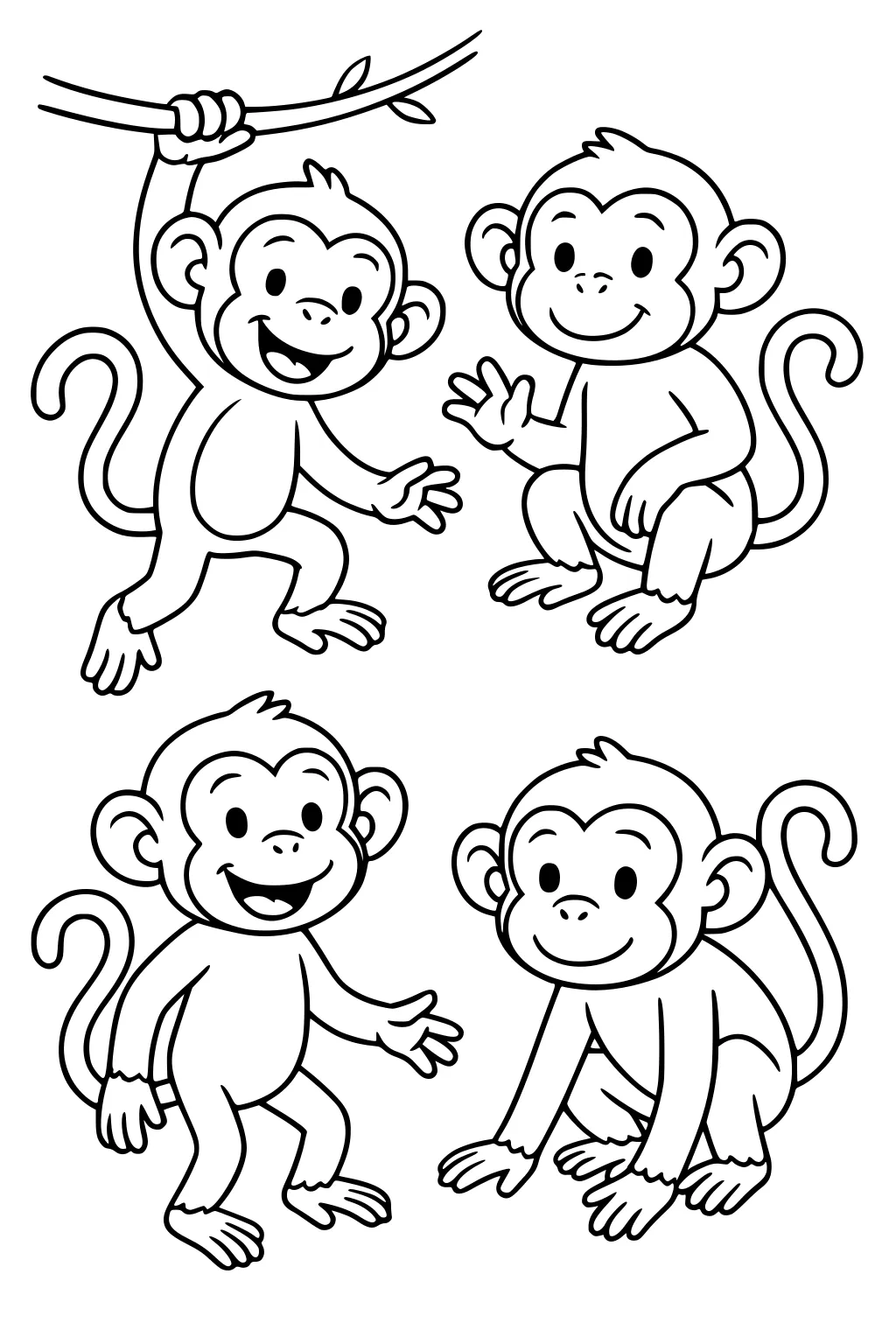 Four smiling cartoon monkeys, one swinging from a branch, one waving, one standing, and one crouching on all fours.