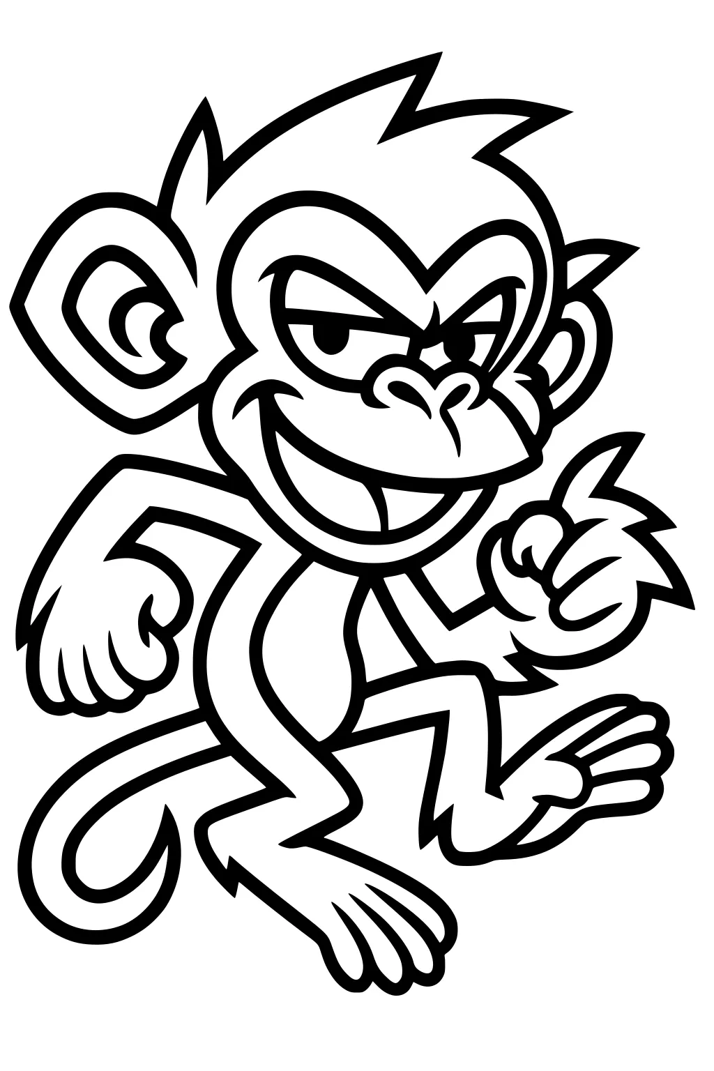 Cartoon monkey with big grin, round ears, bushy hair and one finger pointing, walking with bouncy steps.