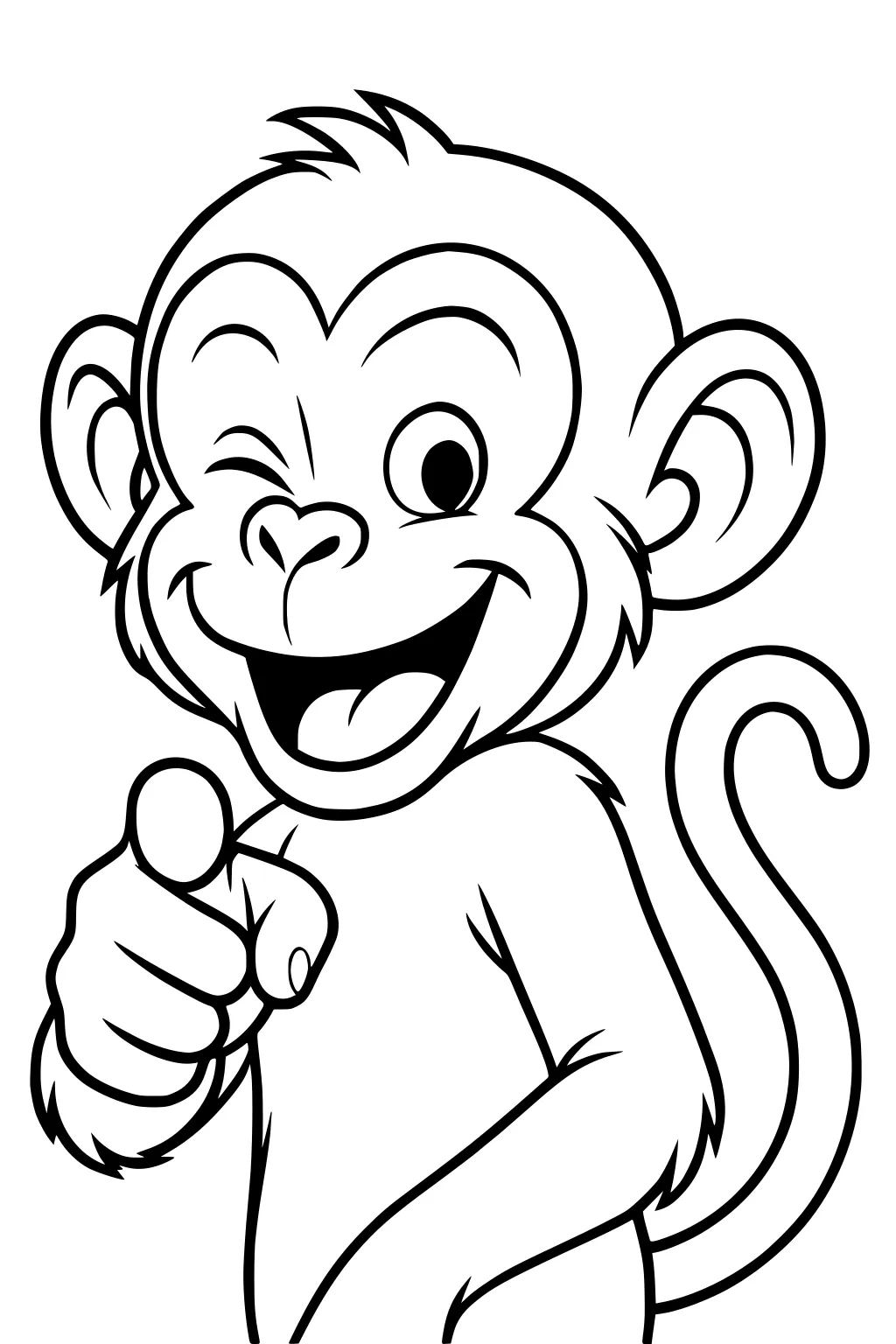 Cartoon monkey winking, smiling, and pointing forward with curled tail and large rounded ears.