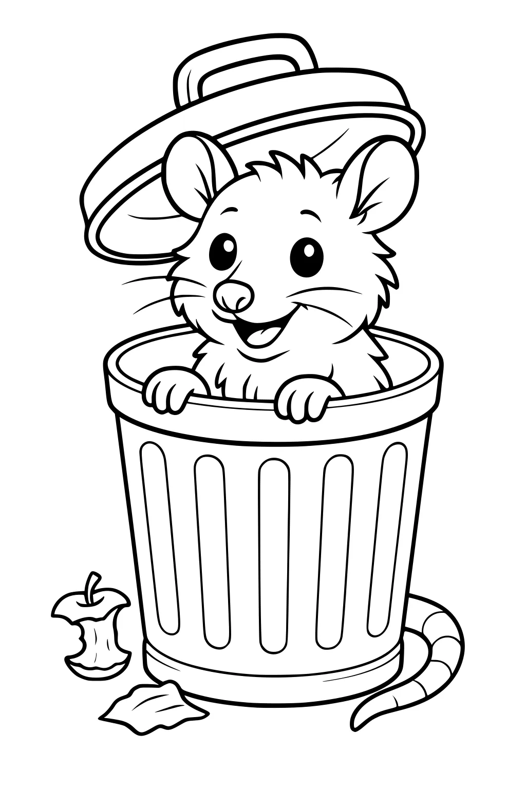 Cartoon opossum smiling from inside a trash can, with an apple core, leaf, and striped tail visible.