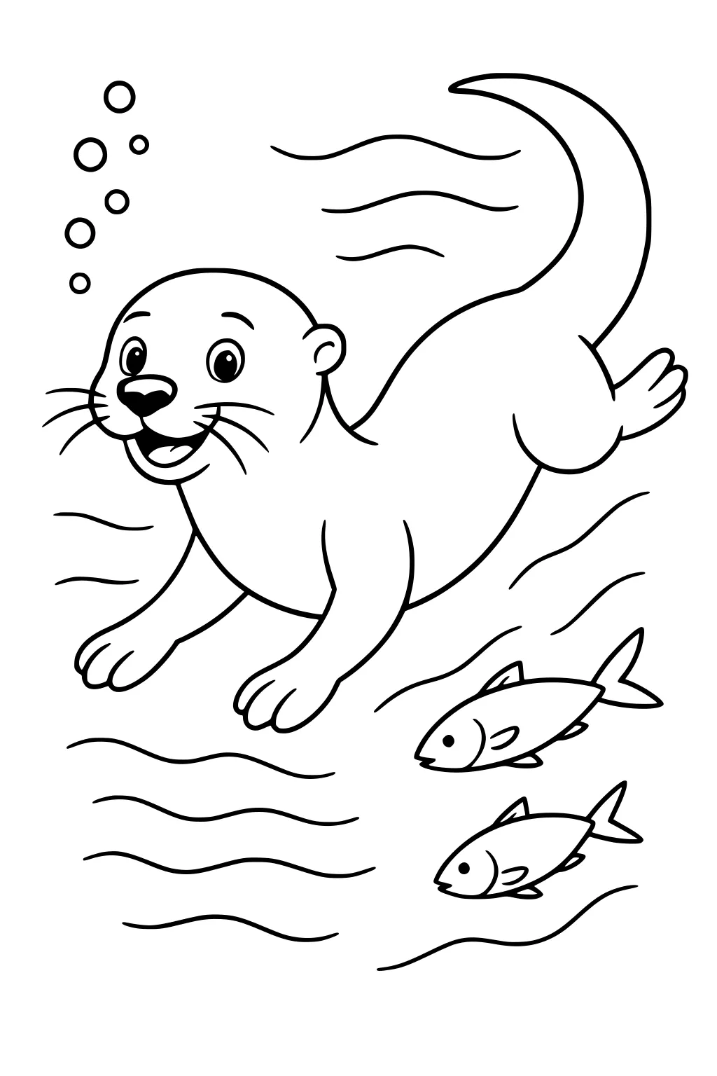 Swimming otter with bubbles and two fish in wavy water lines.