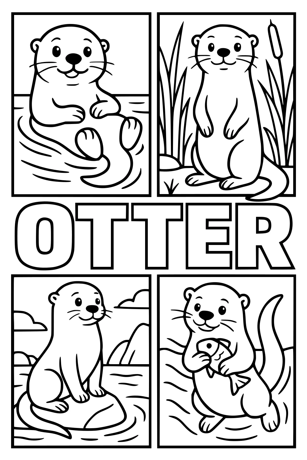 Four cartoon otters in boxes doing different activities with bold OTTER text in the center.