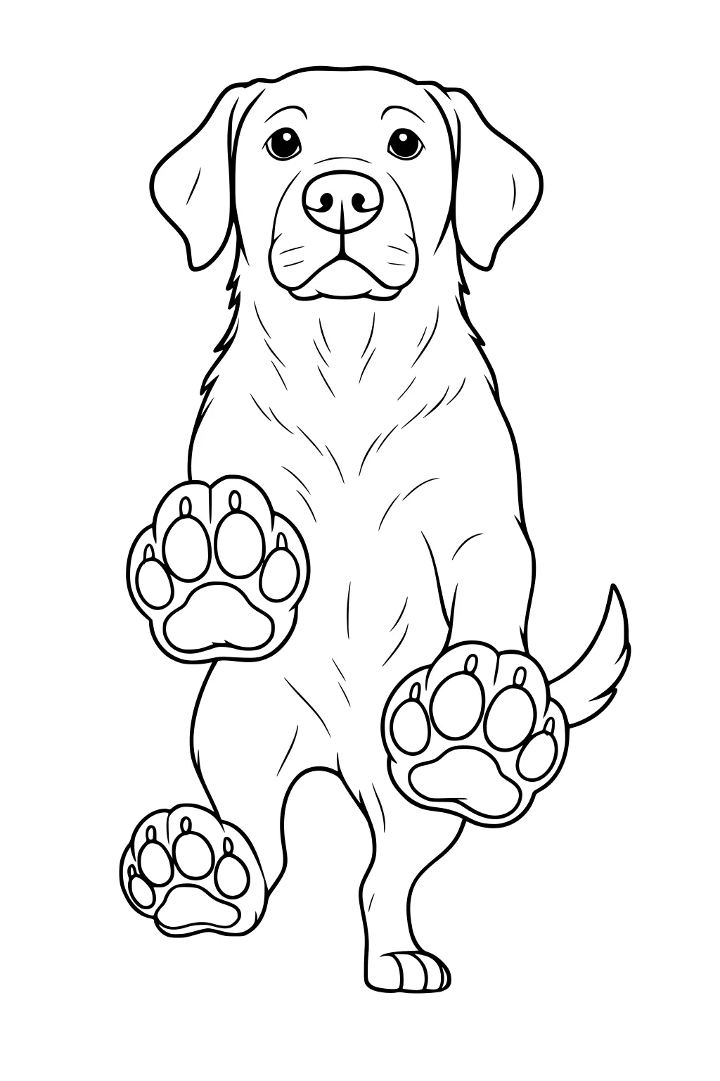 Dog standing upright on hind legs with all four big paws forward, floppy ears, furry tail, and friendly eyes.