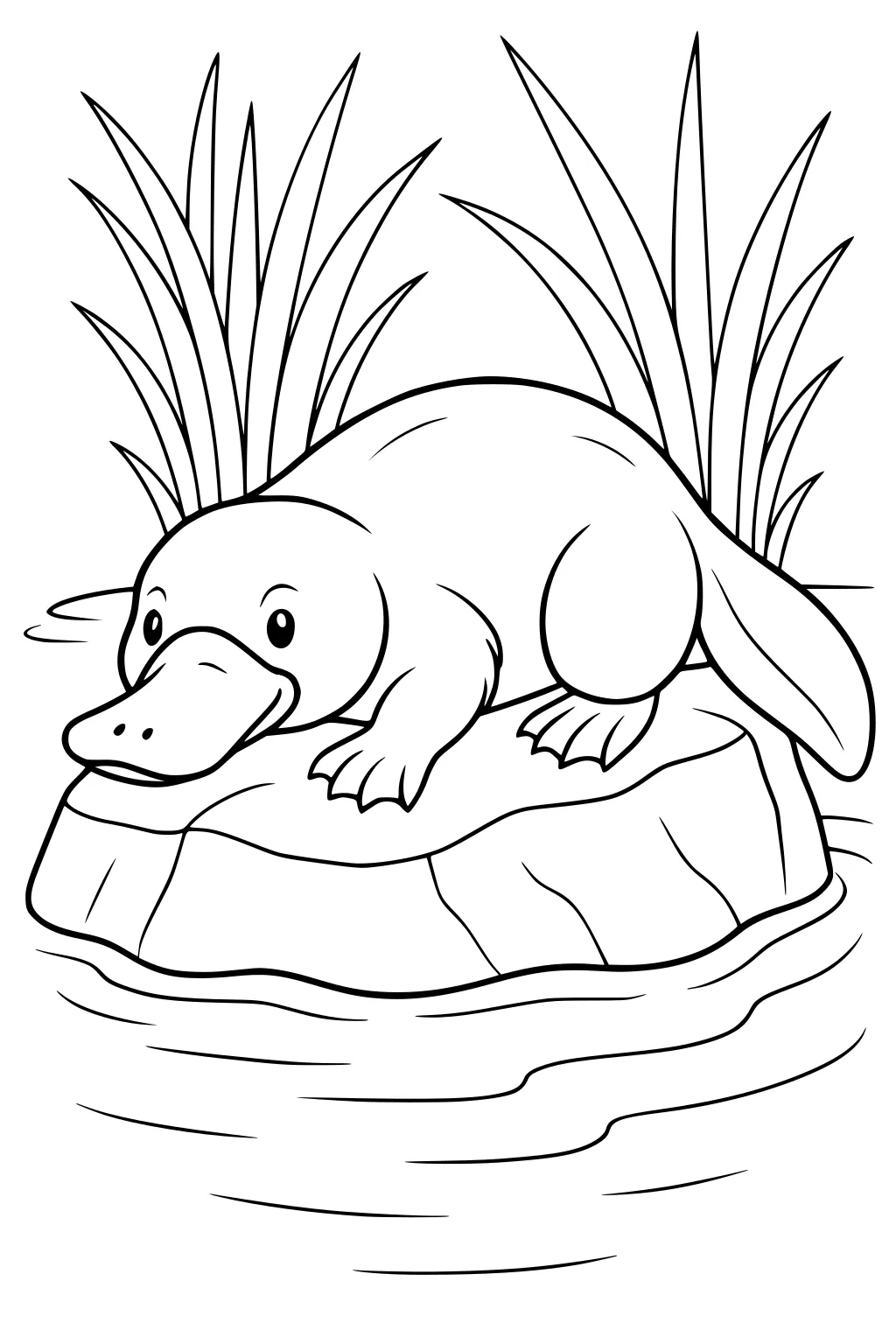 Platypus resting on a large rock in a pond, surrounded by tall grass, with water rippling around the stone.
