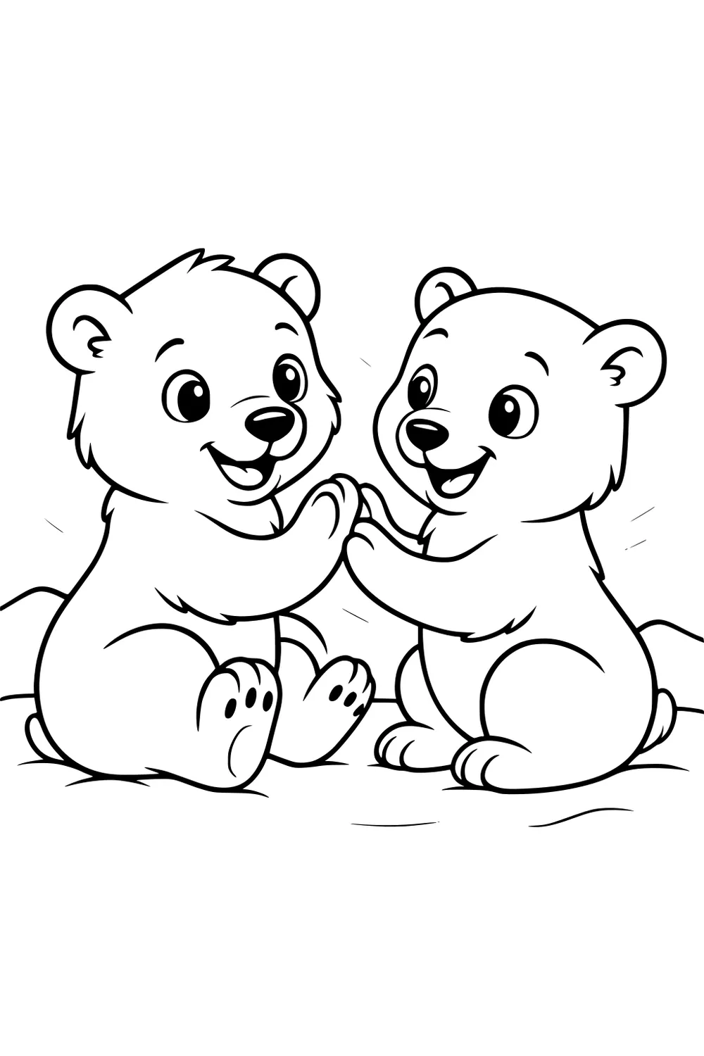 Two cartoon polar bear cubs sit on snow, facing each other and touching paws, both smiling widely.