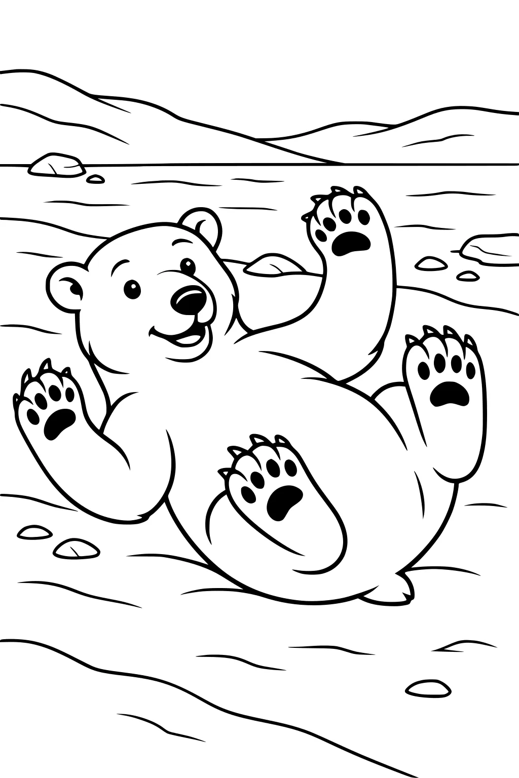 Playful polar bear on his back with paws raised, surrounded by rocks and hills in a winter landscape.