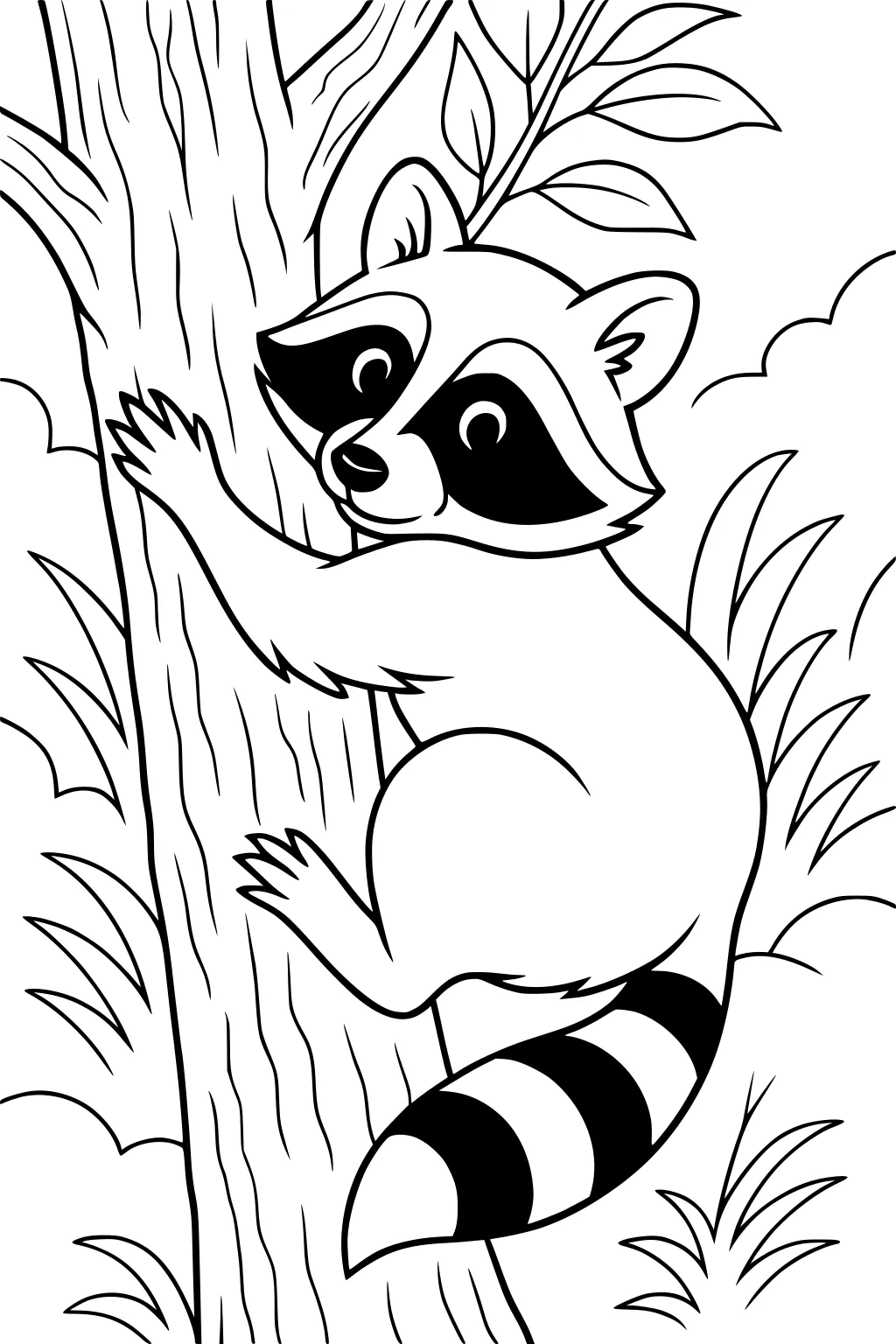 Friendly raccoon with striped tail climbing a tree, surrounded by leaves, grass, and clouds in the background.