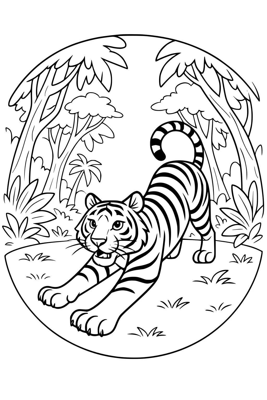 Tiger stretching in a cartoon jungle, surrounded by trees, leafy plants, and grass.
