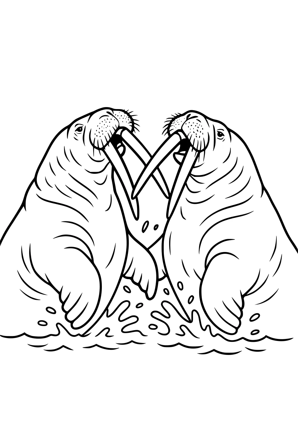 Two walruses with long tusks playing together in water, faces close, water splashing beneath them.