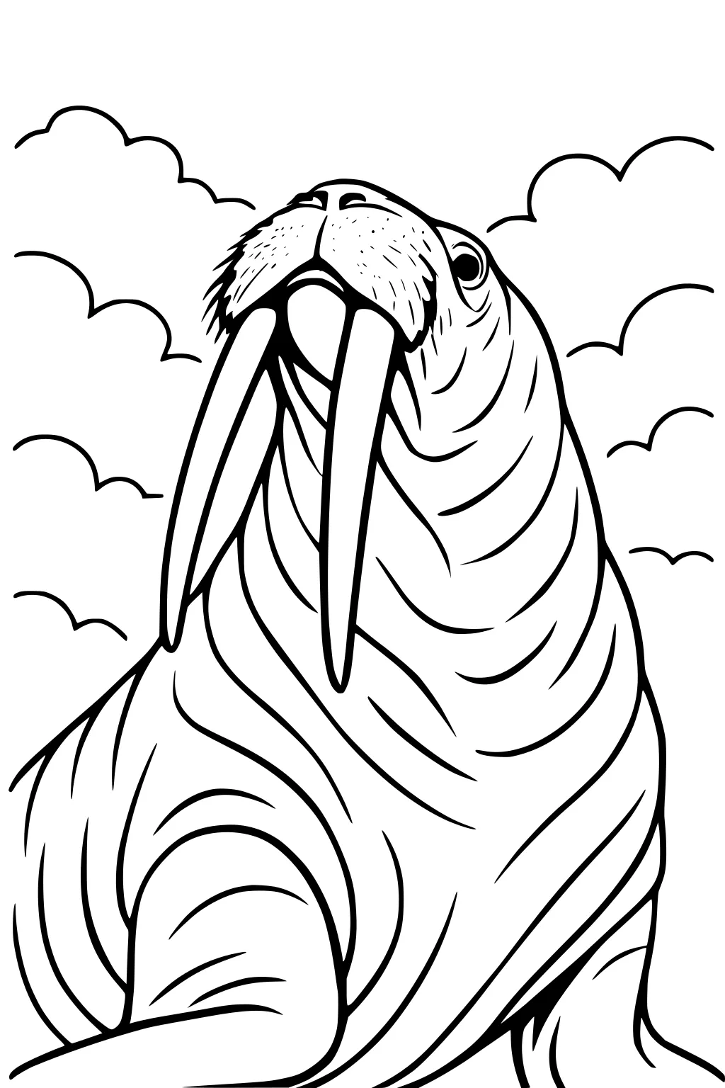Line drawing of a walrus with long tusks, bristly whiskers, and wrinkles, with clouds and birds in the background.