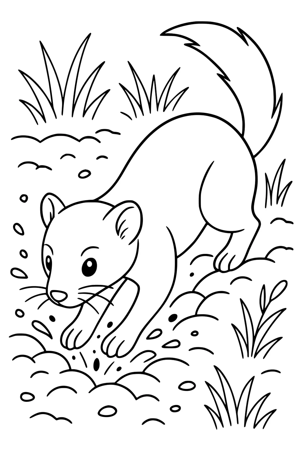 A weasel with perked ears and bushy tail walks across pebbly ground with tall grass tufts in the background.