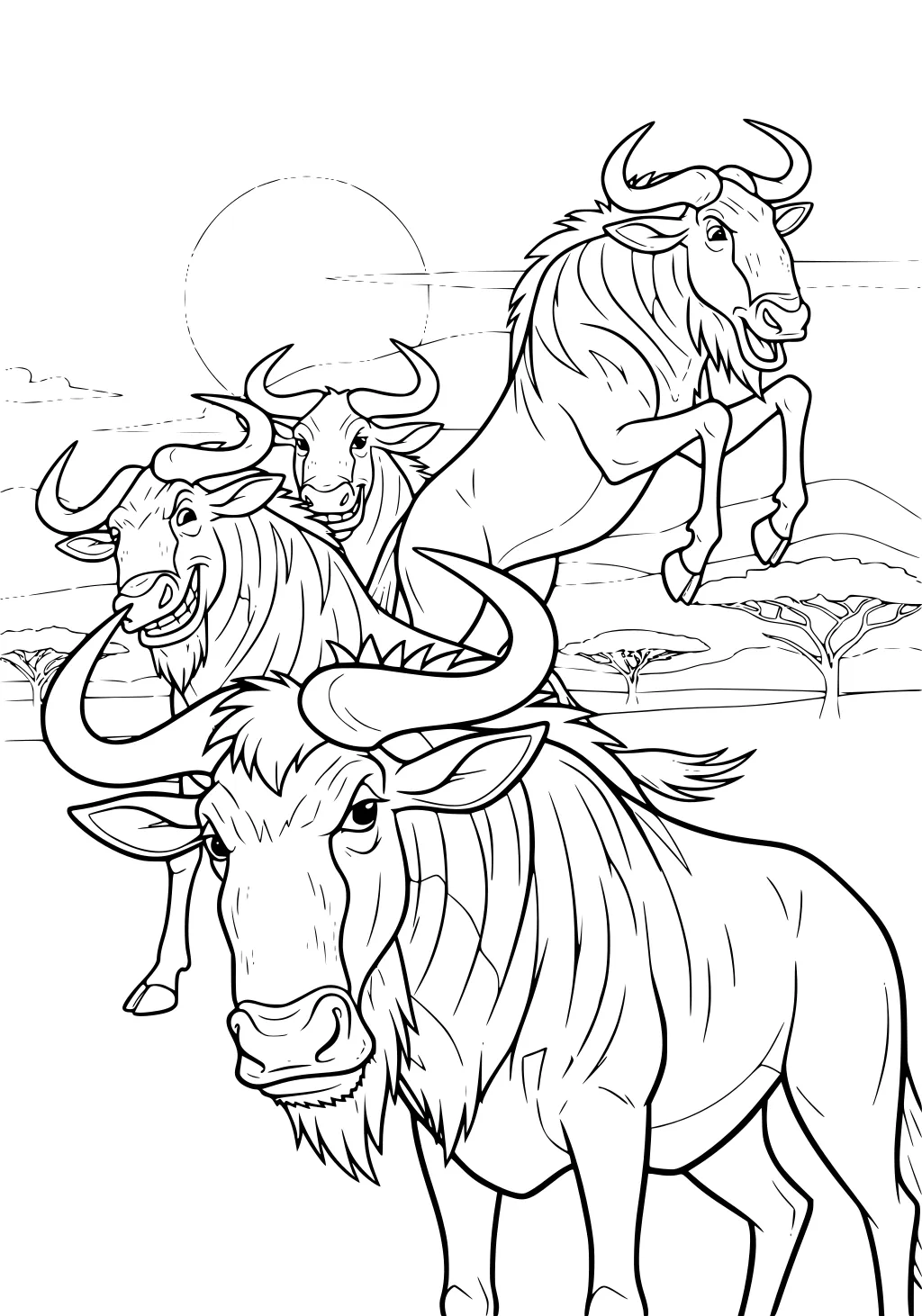 Three wildebeest with curved horns on a savanna; one rears up, two smile; round sun, acacia trees, and distant hills in back.