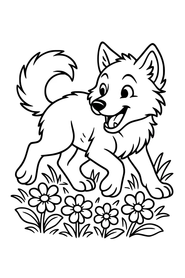 Playful Wolf Pup in Spring Meadow