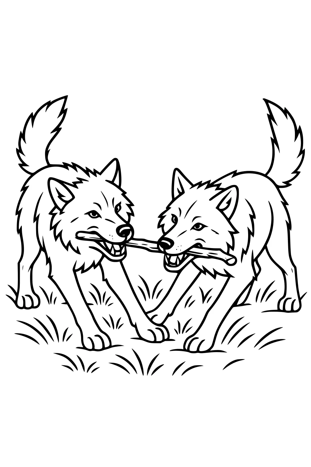 Two wolves playing tug-of-war with a stick, tails up, ears perked, standing in grass. Bold line art.
