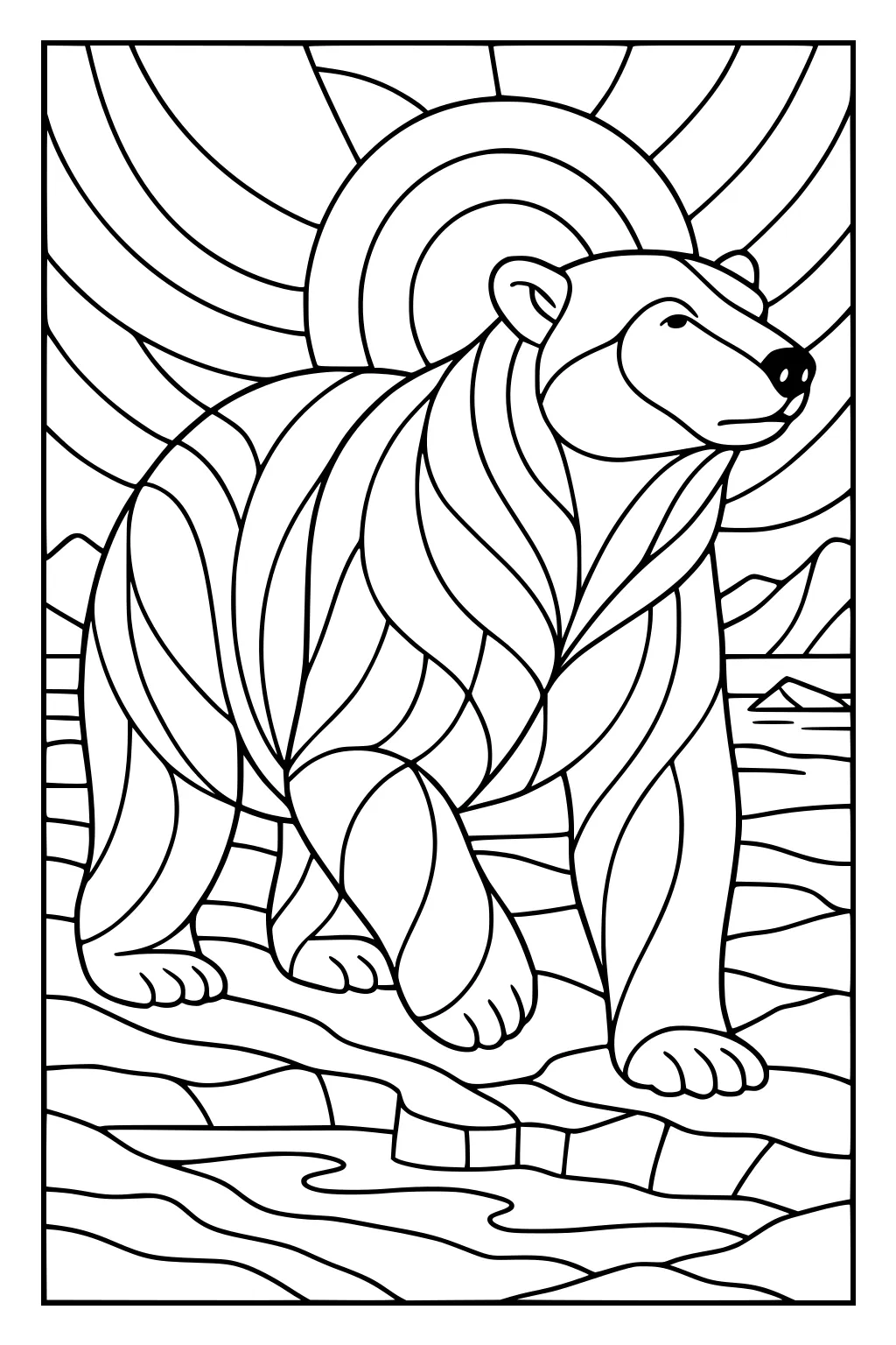 Polar bear with curved fur patterns walking on ice, sun and mountains in the background.