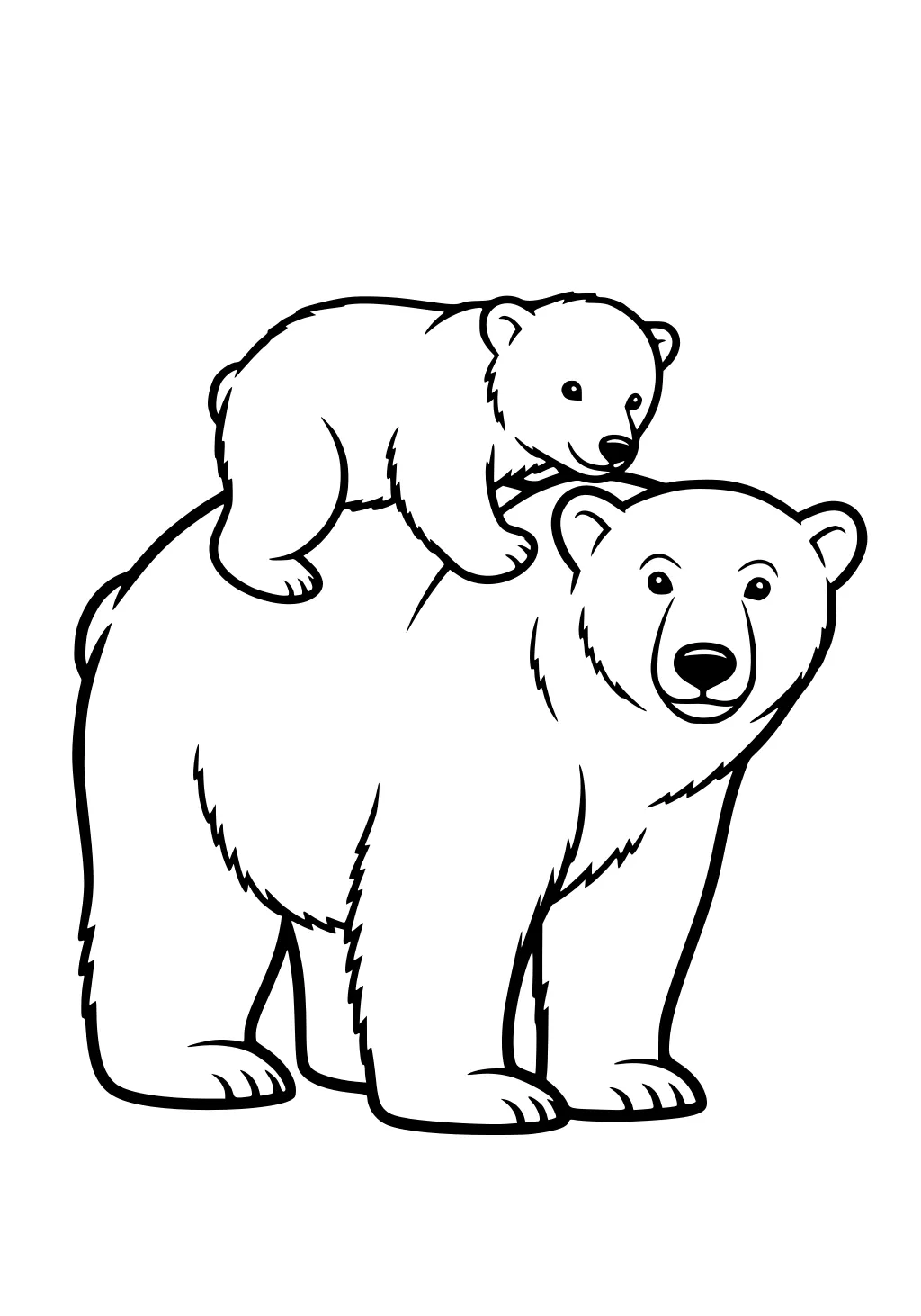 Mother polar bear with baby cub riding on her back, both facing forward, drawn with bold outlines.