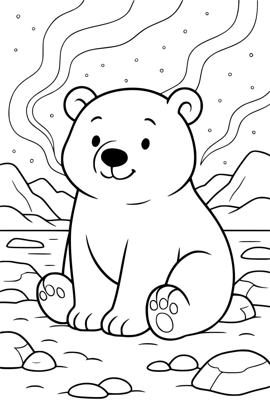Cartoon polar bear cub sitting on snowy ground with mountains, curved sky lines, and scattered rocks around.