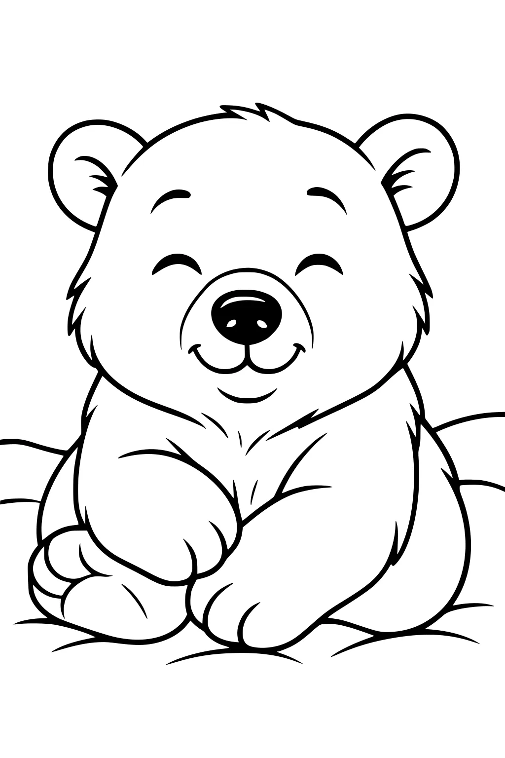 Smiling polar bear cub with round nose and crossed paws sitting on a snowbank.