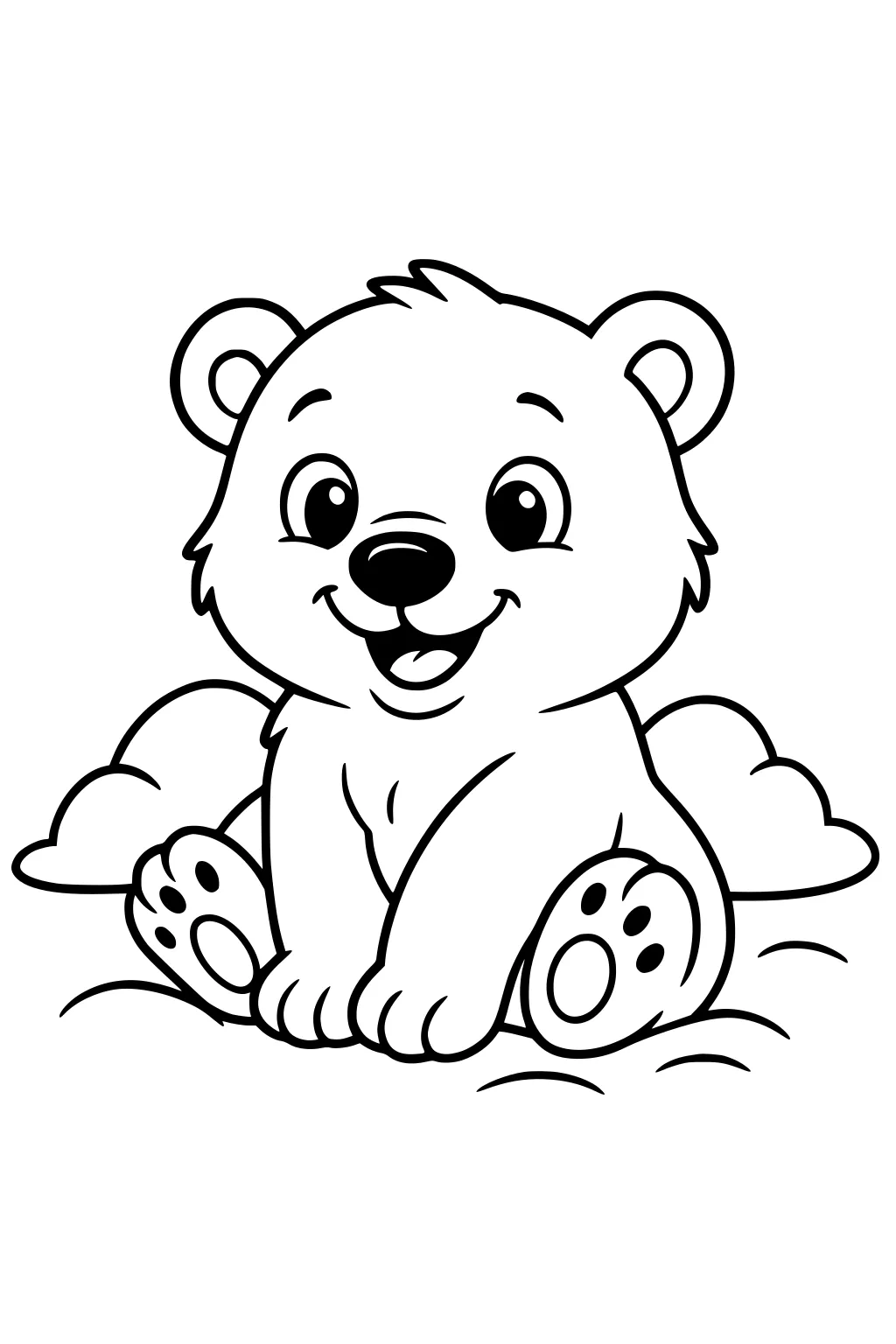 Cartoon polar bear cub sitting with paws out on snow, smiling with round eyes and fluffy cheeks.