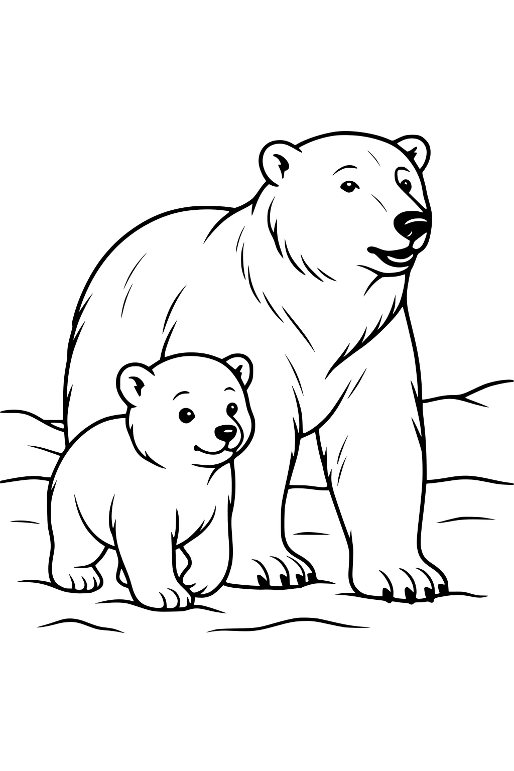 Polar bear mother and cub walking together in the snow, both facing forward with gentle expressions.