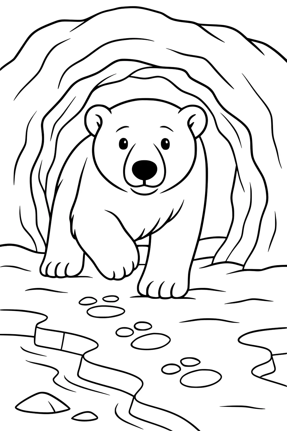 Polar bear walking out of an ice cave, paw prints in snow, stream and rocks in foreground.
