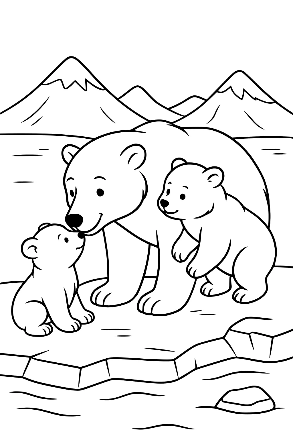 Mother polar bear and two cubs on ice with mountains and water in background.