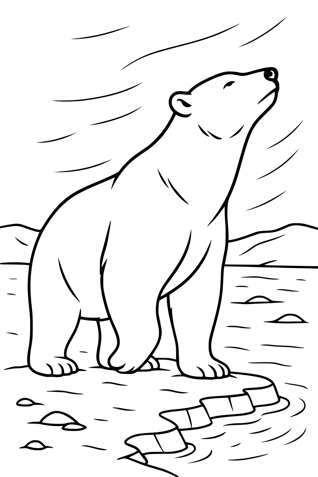Polar bear stands on snowy shore near water with blowing wind and hills in the background.