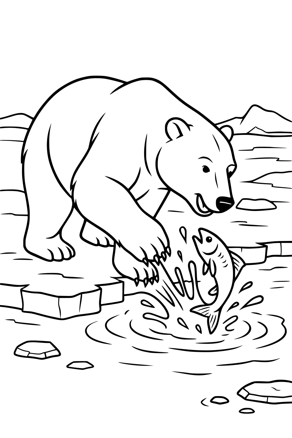 Polar bear reaching out to catch a leaping fish from an icy river, with splashes and scattered ice blocks around.