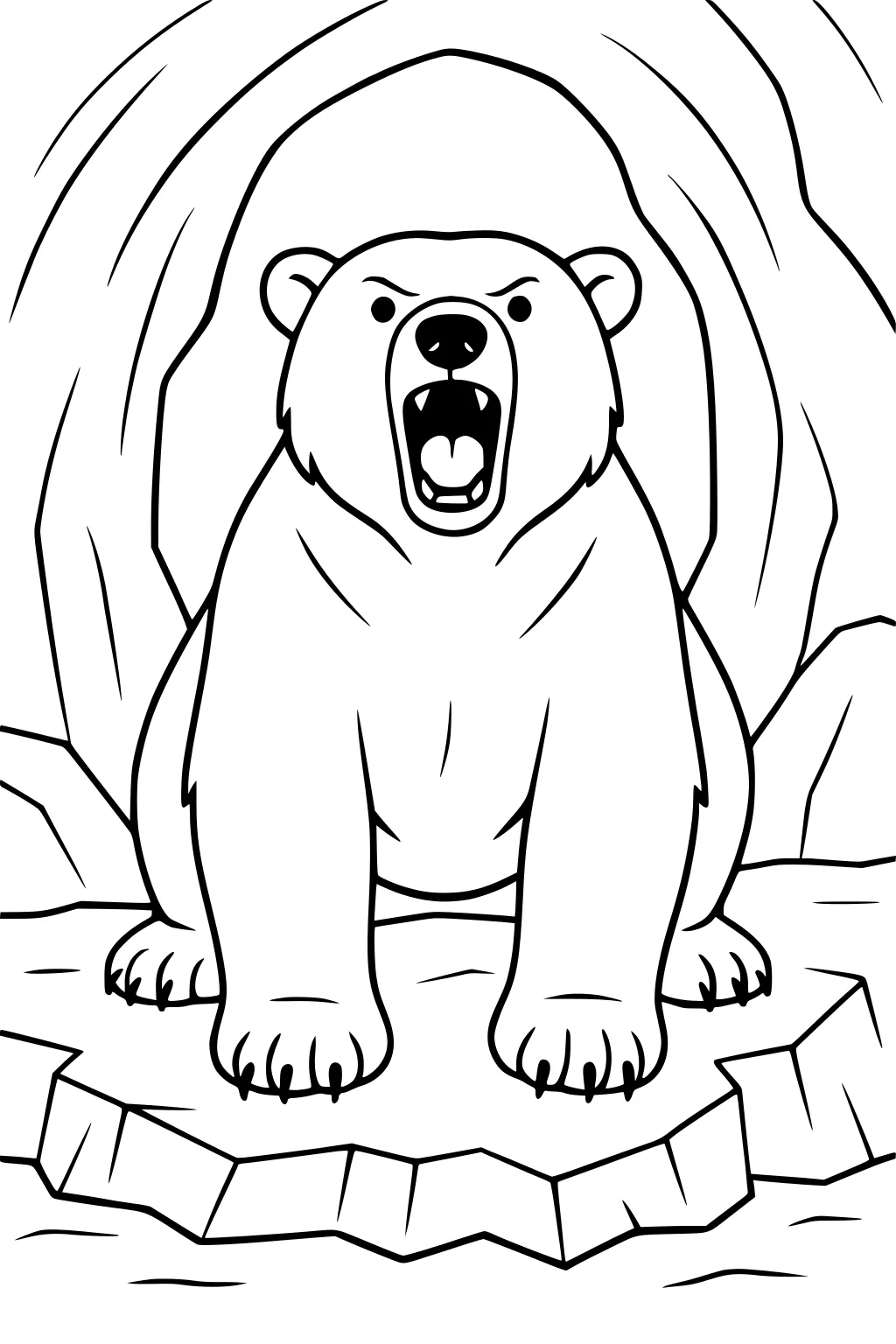 Roaring polar bear stands on cracked ice with open mouth and claws, set in front of a cave outlined with bold lines.