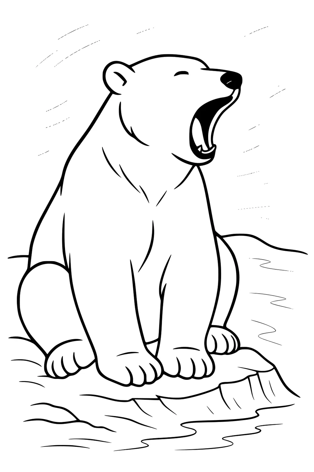 Polar bear sitting on ice with mouth wide open, surrounded by swirling wind lines.