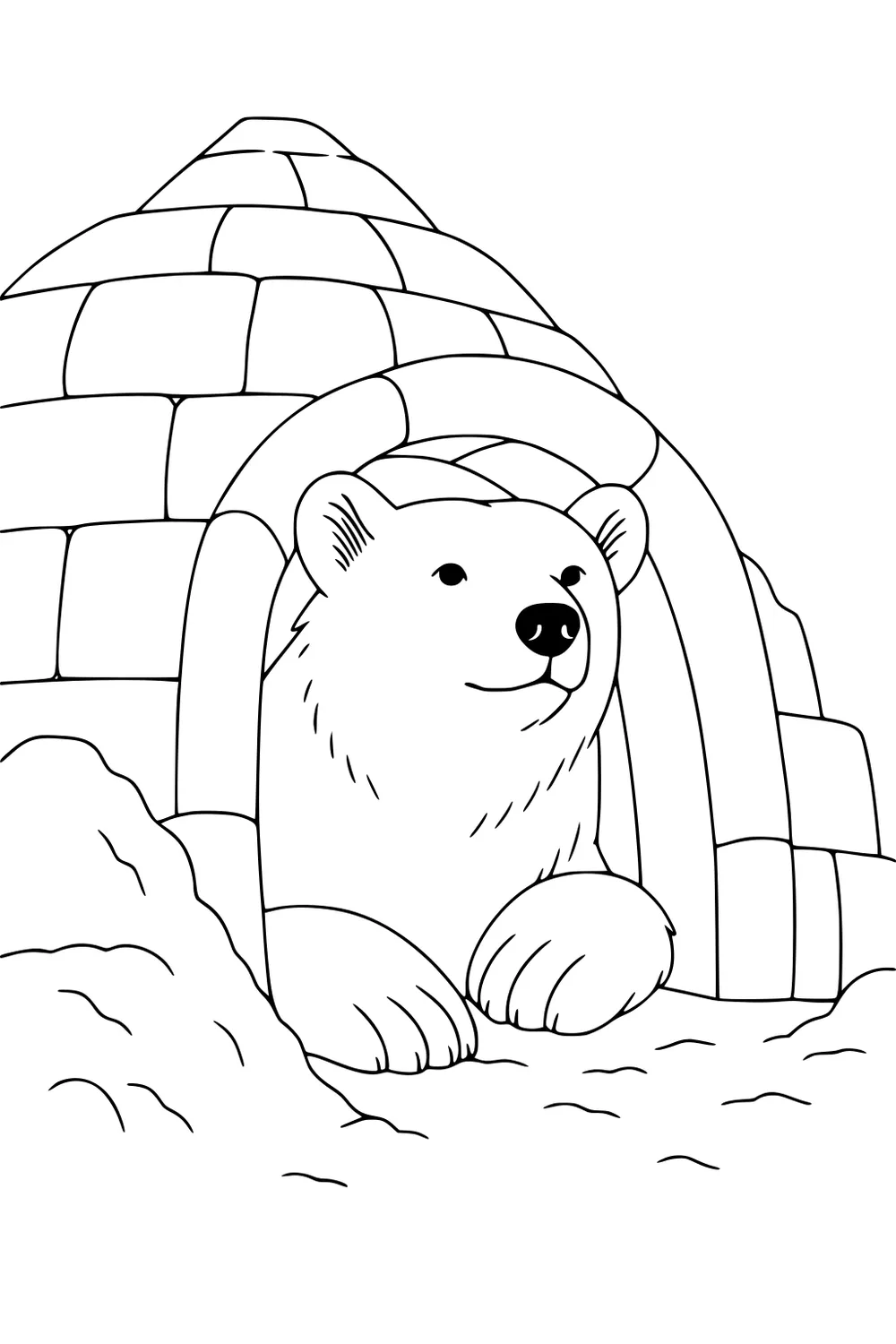 Polar bear with large paws peering out from an igloo, surrounded by snow mounds and ice block pattern on the igloo