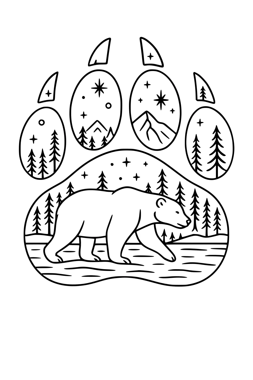 Polar bear walking in a pine forest, surrounded by stars and mountains inside a paw print outline.