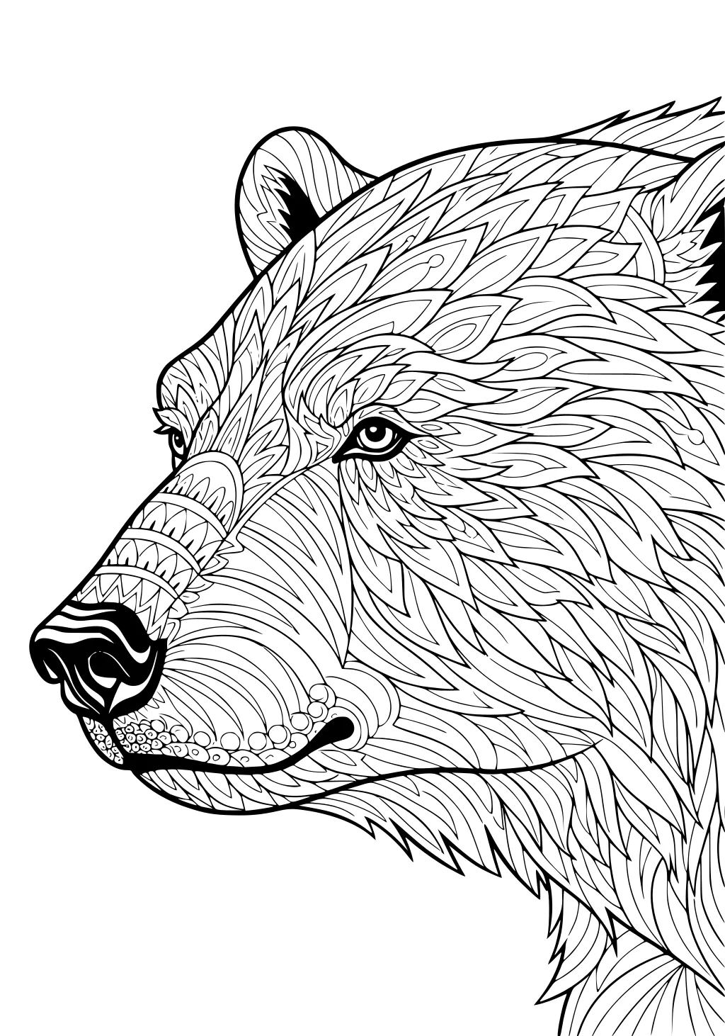 Intricate polar bear head with geometric line patterns, detailed nose, eye, fur, and ear, facing right on a plain background.