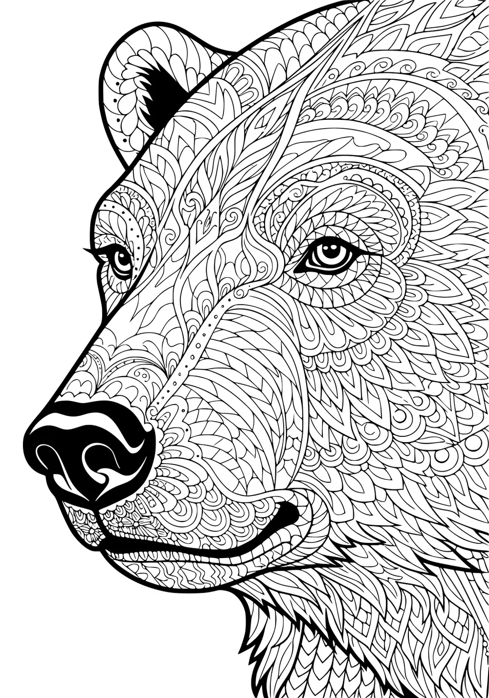 Intricate polar bear face with geometric and swirly patterns, shown in profile with a detailed nose and one visible eye.