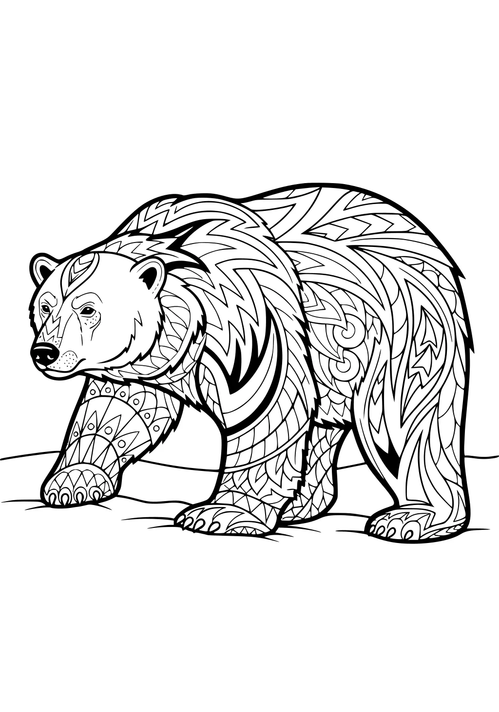 Polar bear covered in geometric patterns walking across snowy ground.