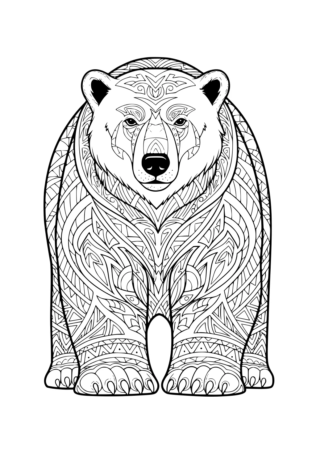 Polar bear standing forward, covered in detailed, swirling geometric designs and bold linework.