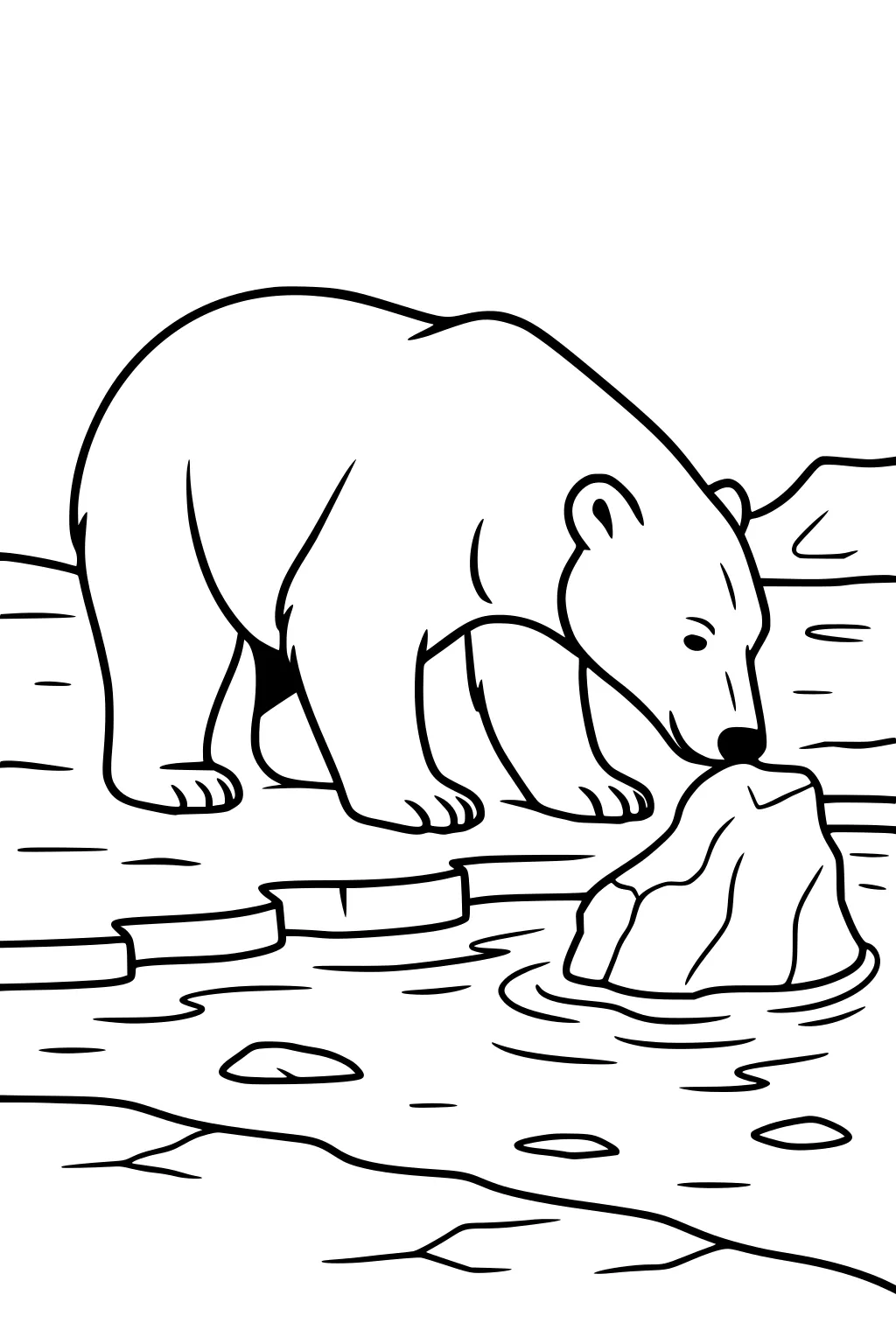 Polar bear leaning down near a pond, sniffing a rock in a snowy landscape with ice blocks and hills.