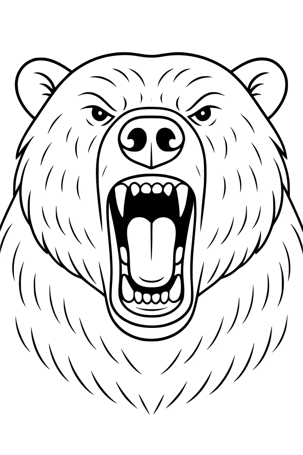 Closeup of a roaring polar bear head with mouth open, showing teeth, nose, and textured fur.
