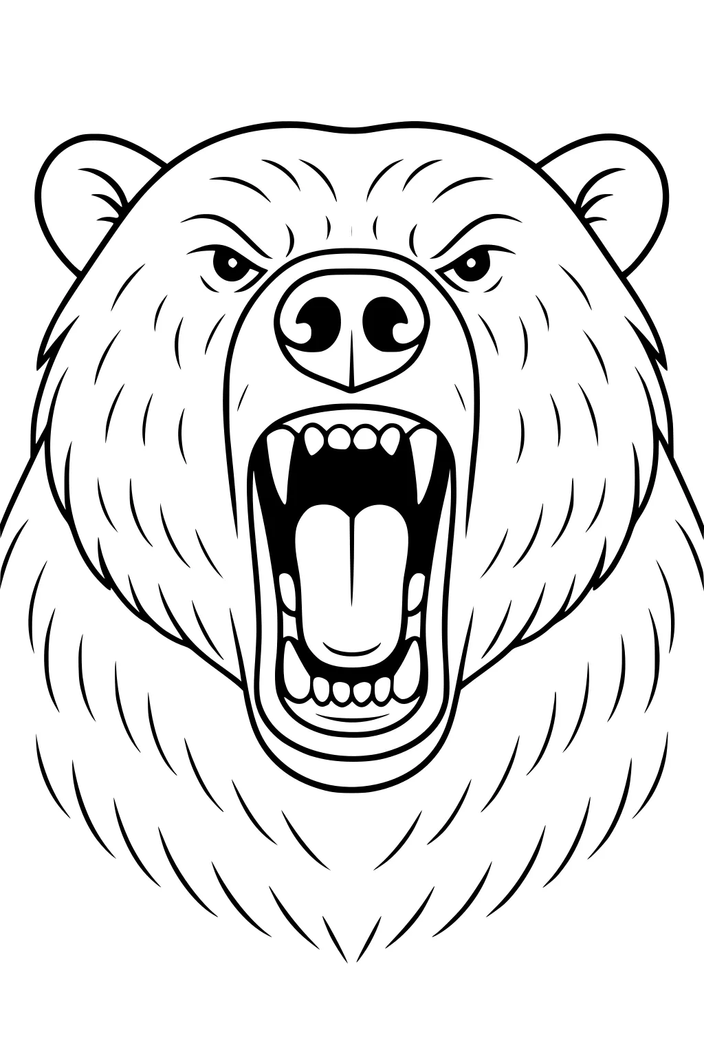 Closeup of a roaring polar bear head with mouth open, showing teeth, nose, and textured fur.