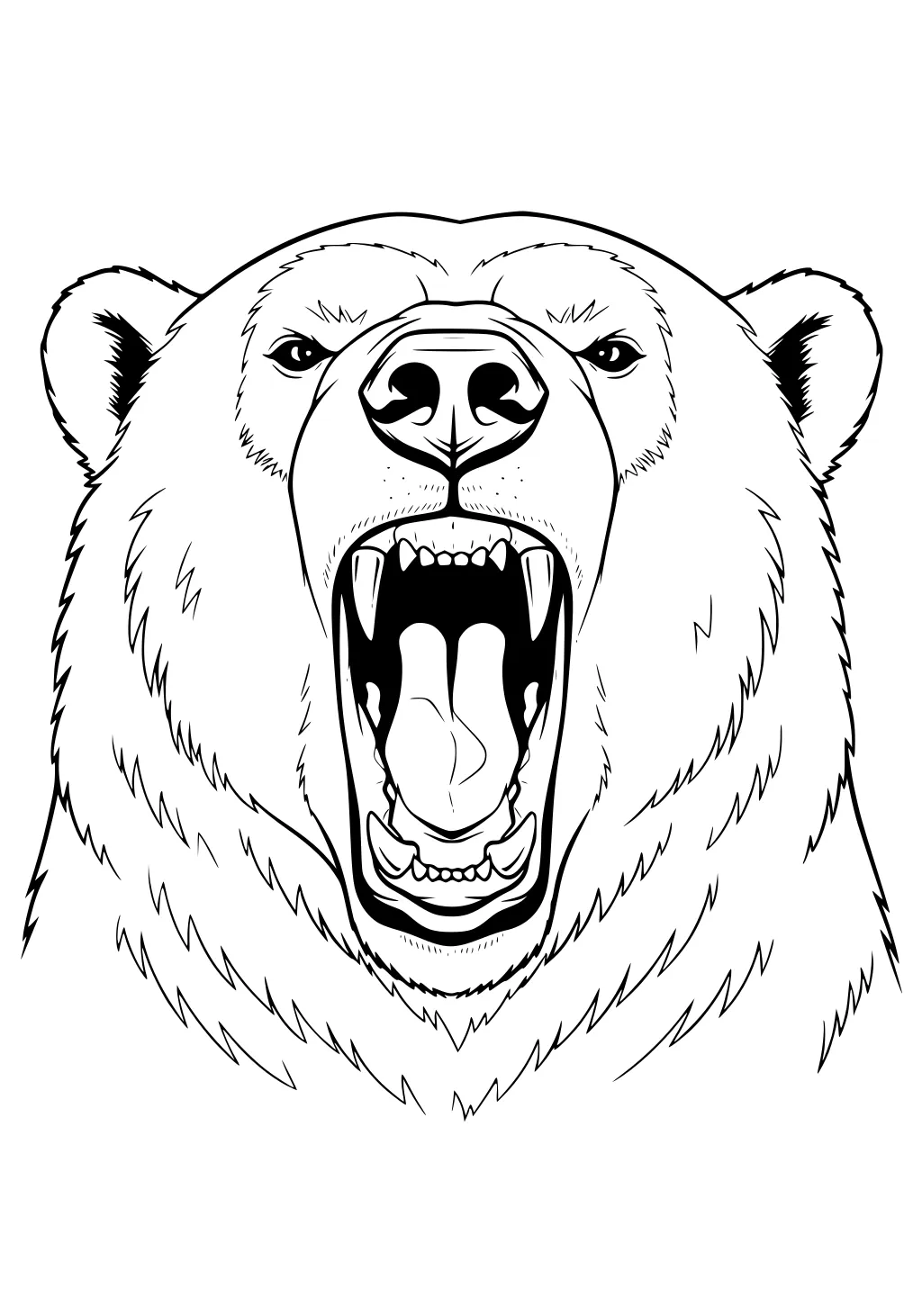 Front view of a polar bear with mouth wide open, showing large teeth, furry face, and distinct ears and snout.