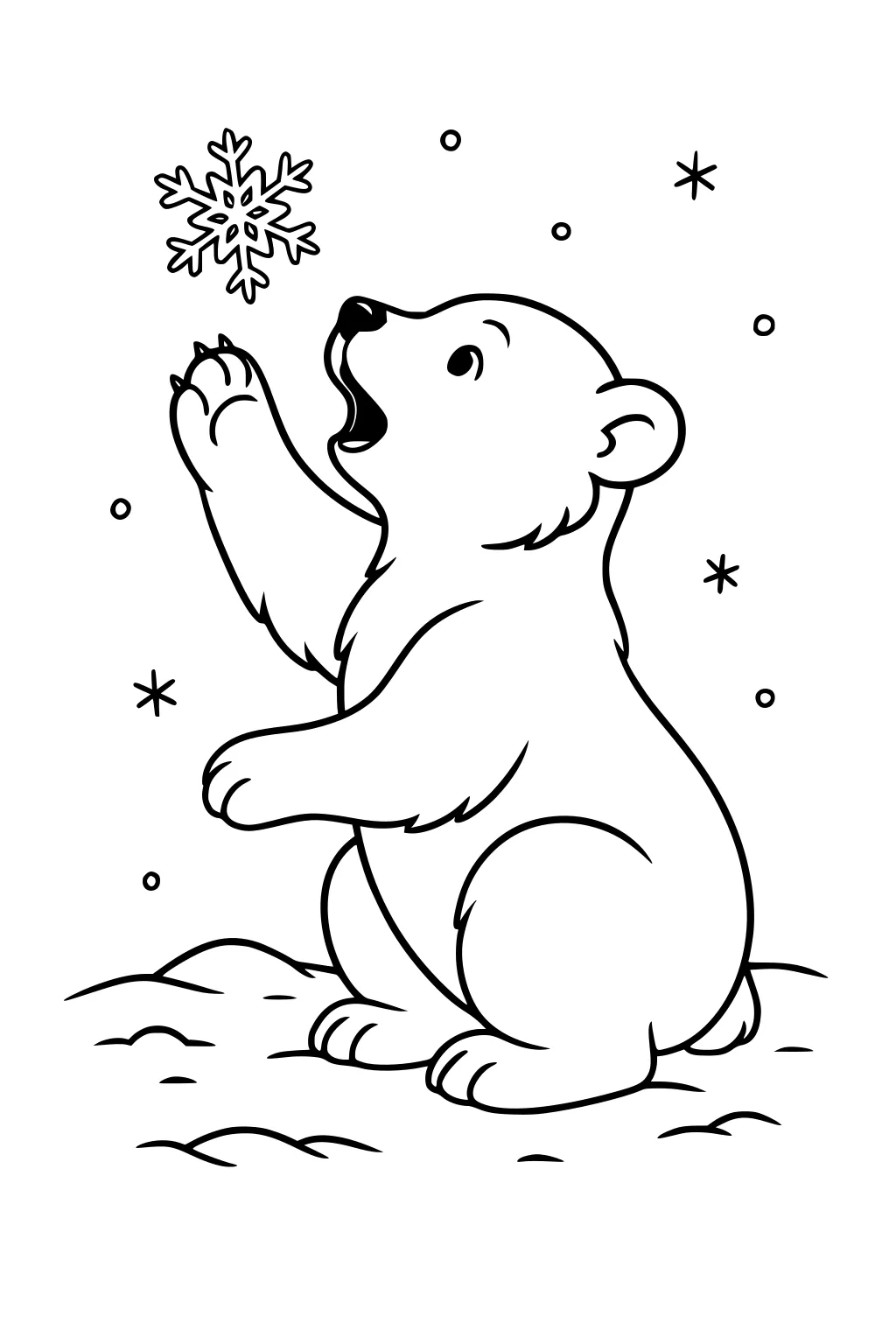 Young polar bear cub sitting on snow, reaching up with one paw toward a large falling snowflake, surrounded by small snowflakes.