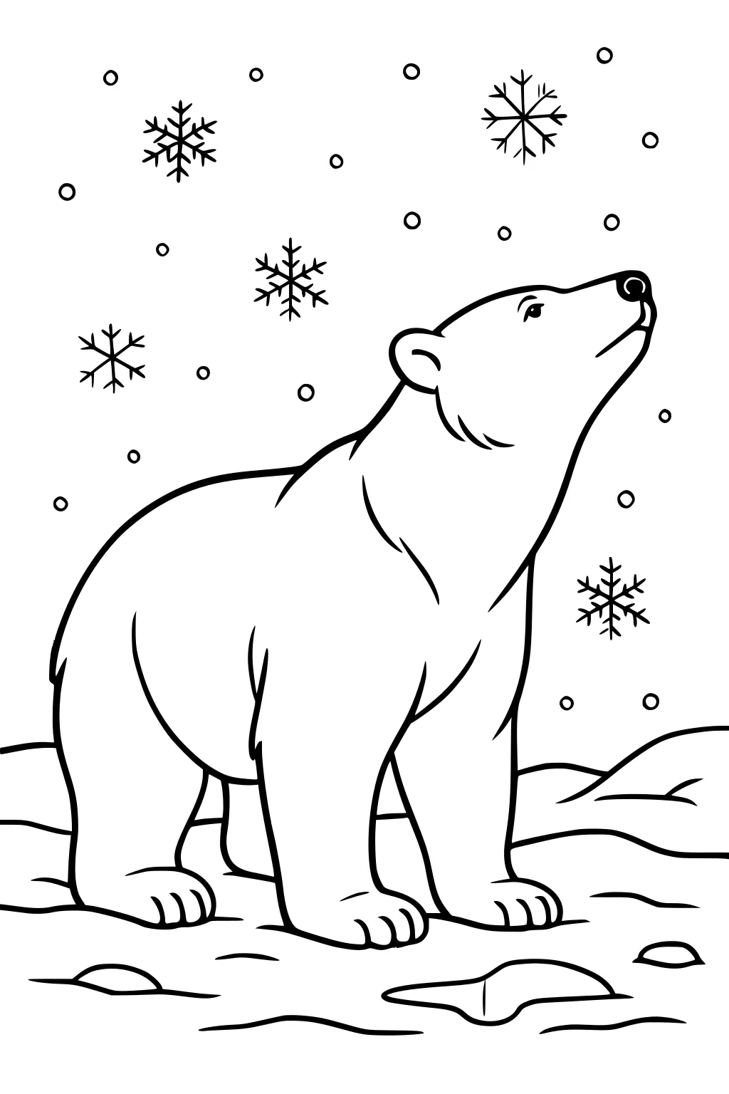 Polar bear standing on snow with falling snowflakes and dots in the background.