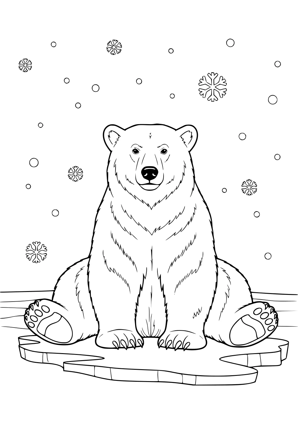 Polar bear sitting on ice with snowflakes falling in the background.