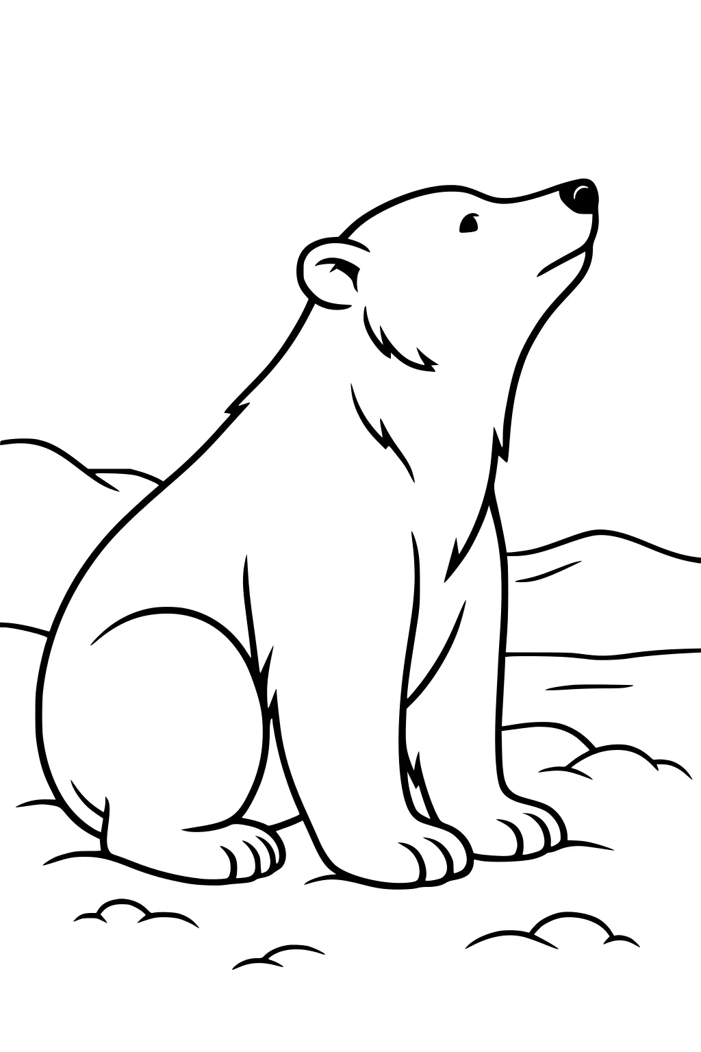 Sitting polar bear with lifted nose and snowy hills behind, drawn in simple black outlines.