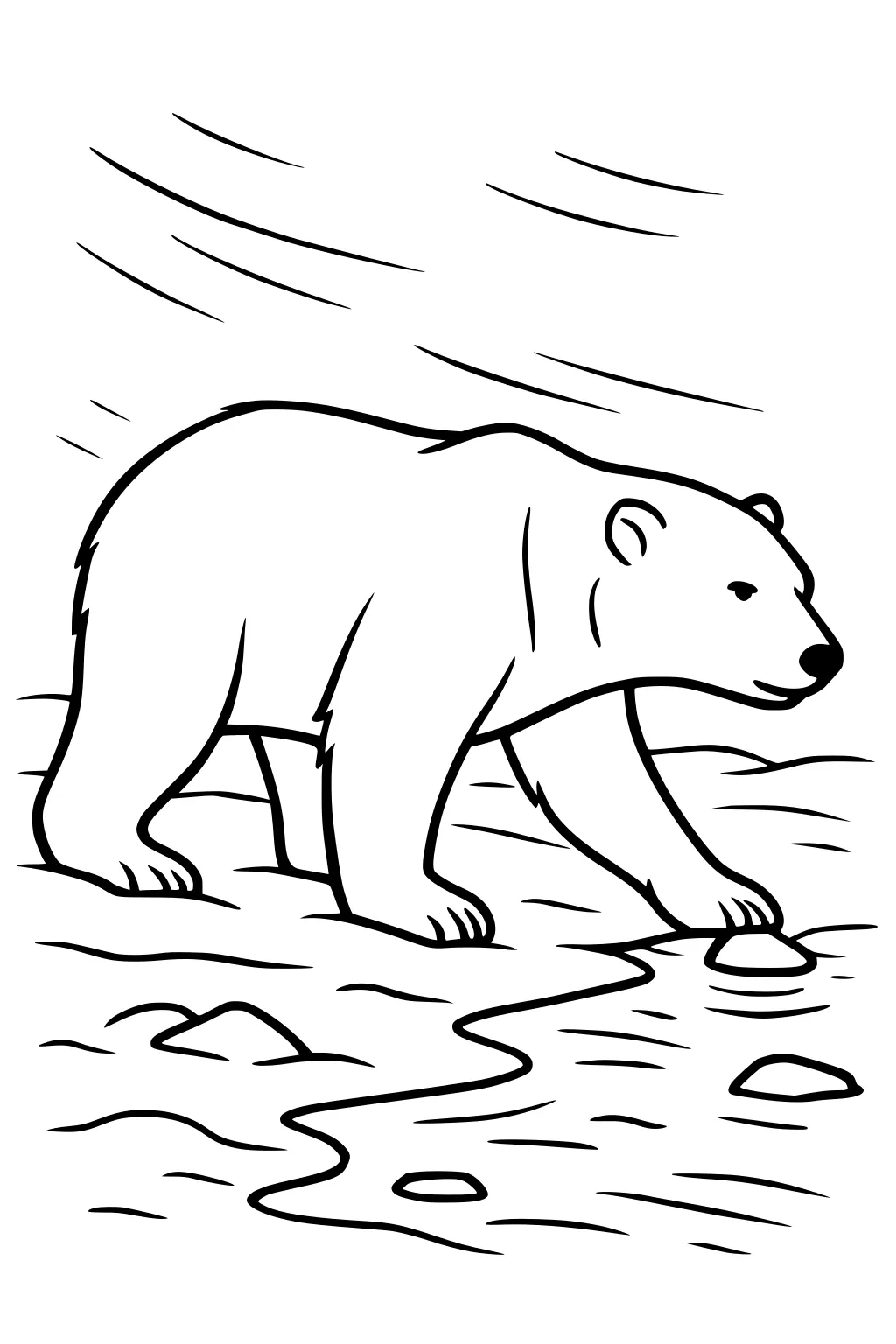 Polar bear walking beside a stream with rocks, icy ground, and wind lines above.