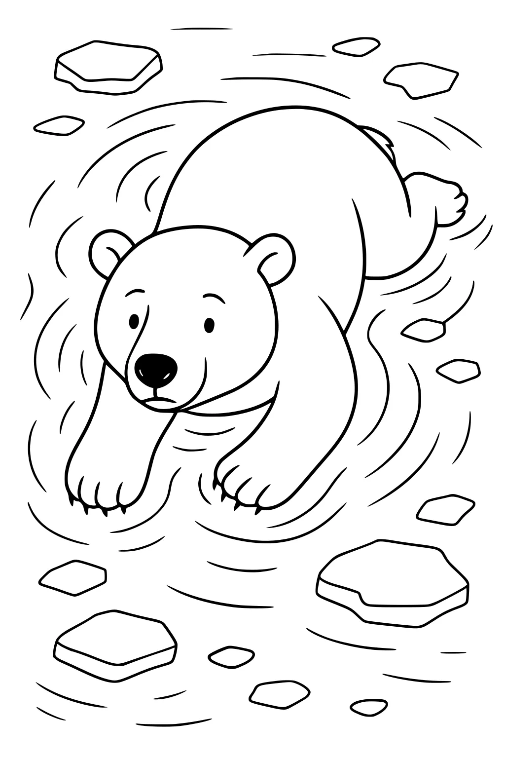 Polar bear cub swimming in water with floating ice and gentle wavy lines surrounding her.